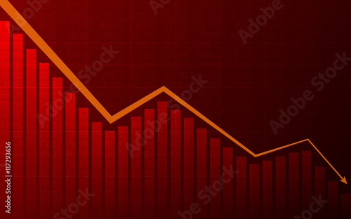 Business chart with arrow downtrend line graph, bar chart and stock numbers in bear market on red background (vector)
