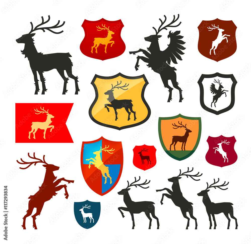 Shield with deer, reindeer, stag vector logo. Coat of arms, heraldry set icons