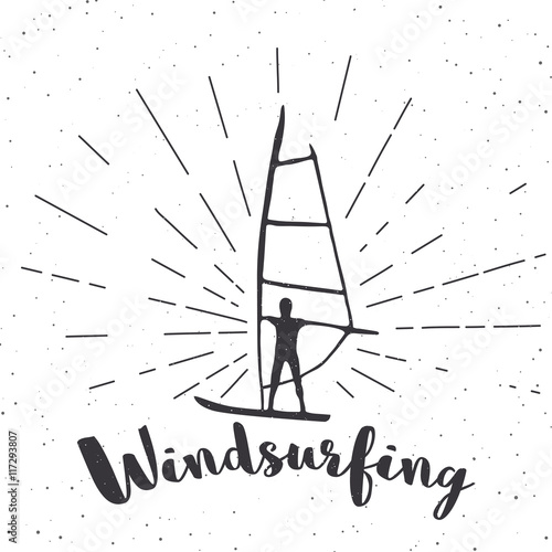 Creative vintage poster with windsurf board. Vector illustration with lettering.