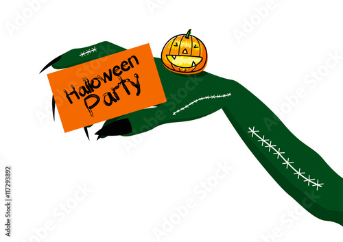 Halloween party design of devil hand holding invitation card