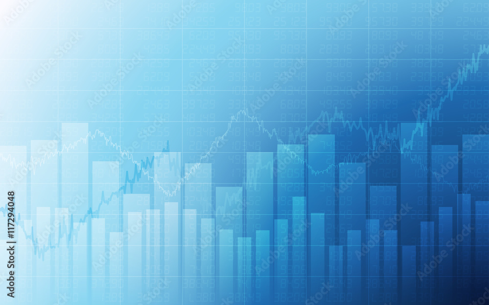 Business chart with uptrend line graph, bar chart and stock numbers in bull market on white and blue color background (vector)