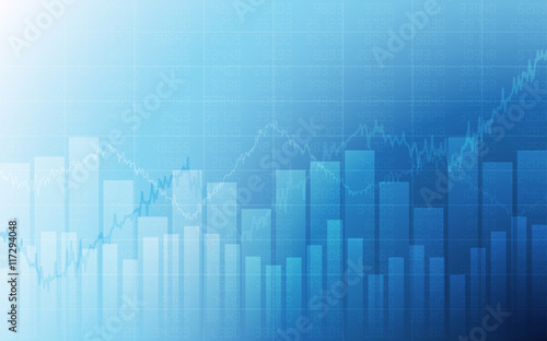 Business chart with uptrend line graph, bar chart and stock numbers in bull market on white and blue color background (vector)