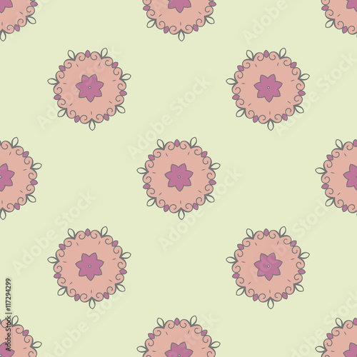 Vector seamless abstract pattern with decorative floral elements. Background in yellow and pink colors. Fabric texture
