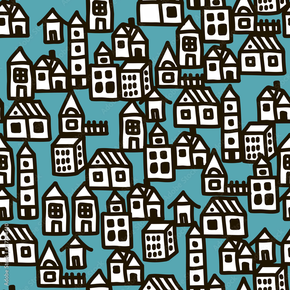 Seamless pattern with city buildings.