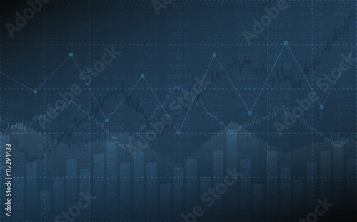 Business chart with line graph, bar chart and stock numbers on dark blue color background (vector)
