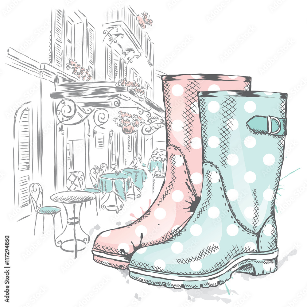 Rubber boots on a background of a city street. Vector illustration for