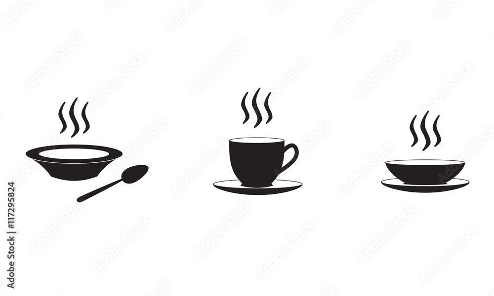 Restaurant and kitchen icons set: soup plate and coffee cup with hot food and drinks. Vector illustration. Restaurant and kitchen icons set: soup plate and coffee cup with hot food and drinks. Vector illustration.