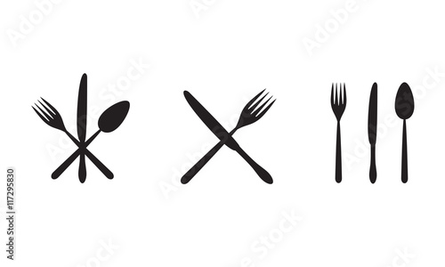 Fork, spoon and knife icons. Kitchen tools icon set. Vector illustration.