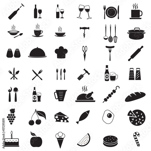 Kitchen tools icon set. Food and drink vector symbols. Elements for restaurant or menu design.