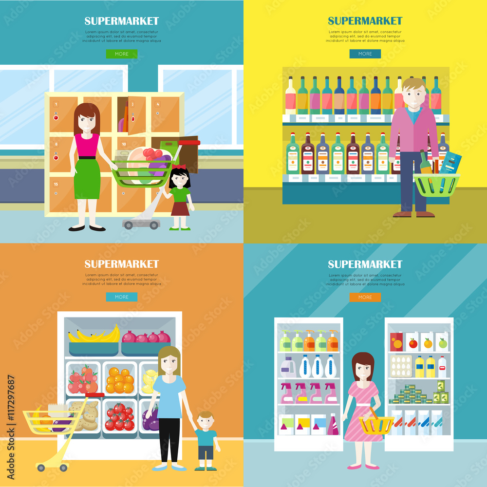 Set of Supermarket Concept Banners in Flat Design.