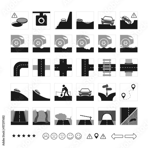 Vector set of road icon. Different dangers and troubles on the way: pit, bad asphalt, rut, crack, stones, open hatch, construction. And several types of crossroads. photo