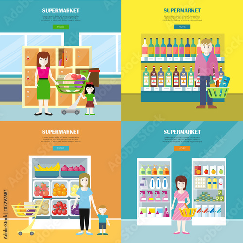 Set of Supermarket Concept Banners in Flat Design.