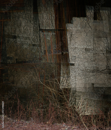 Old wooden structure with chicken wire