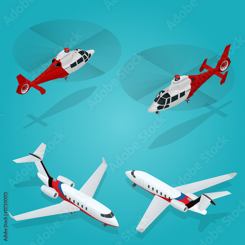 Passenger Airplane. Private jet. Passenger Helicopter. Isometric Transportation. Aircraft Vehicle. Air Transportation. Vector illustration.