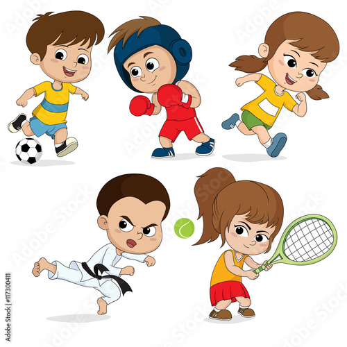 Set of kidsports.Children football, taekwondo,boxing, running,te