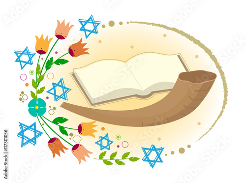 Yom Kippur Clip art - Horn with open book and flowers with stars of David around it. Eps10