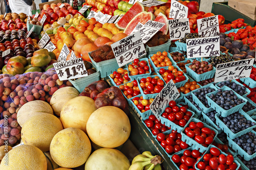 Colorful berries, melons, oranges and vegetables at an outdoor market in Seattle.