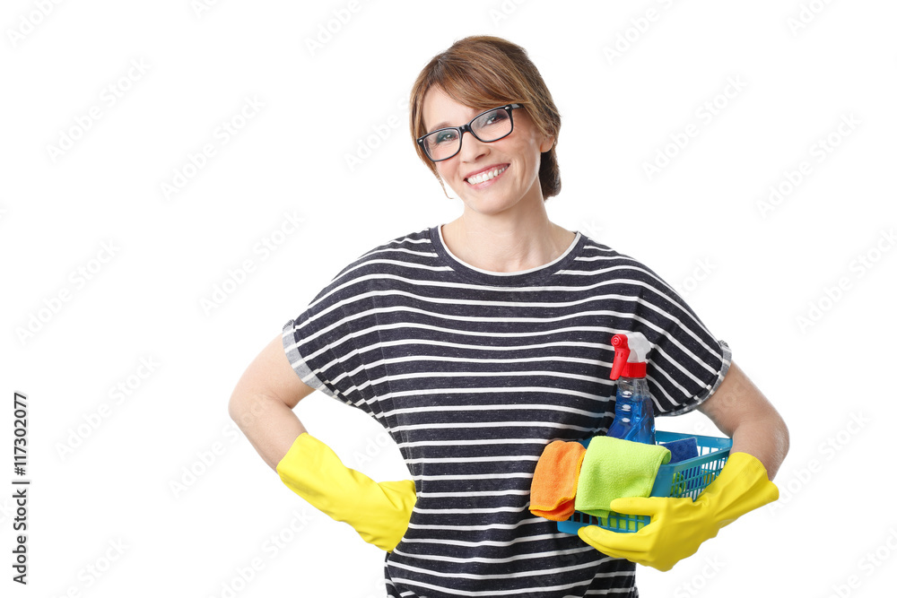 Mature woman ready for housework. White background. Mature woman ready for housework. White background.