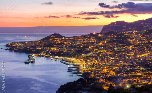 Aerial view of Funchal by night, Madeira Island, Portugal photo