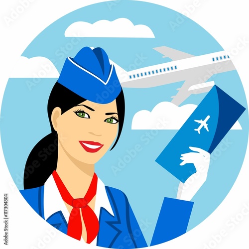 Illustration of stewardess dressed in blue uniform with a ticket in hand, against the background of the sky and flying aircraft. a circular frame.