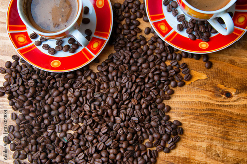 The concept of coffee on a brown wooden table