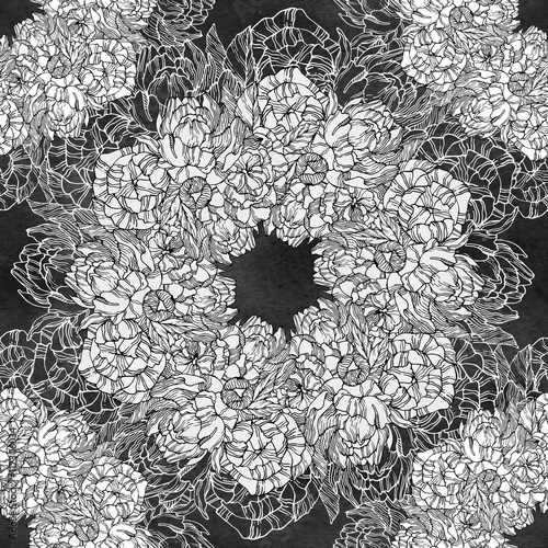 Seamless pattern with peonies. Round kaleidoscope