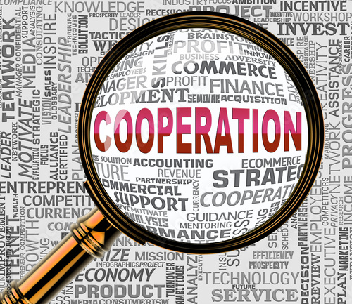 Cooperation Magnifier Indicates Team Work And Collaborate
