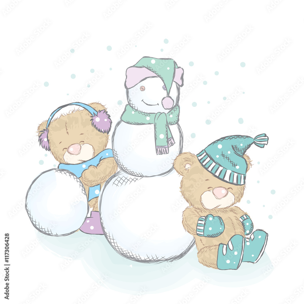 Vector illustration with cubs and a snowman. Drawing for cards, posters or prints on clothes. Cute teddy bears. Vector illustration with cubs and a snowman. Drawing for cards, posters or prints on clothes. Cute teddy bears.