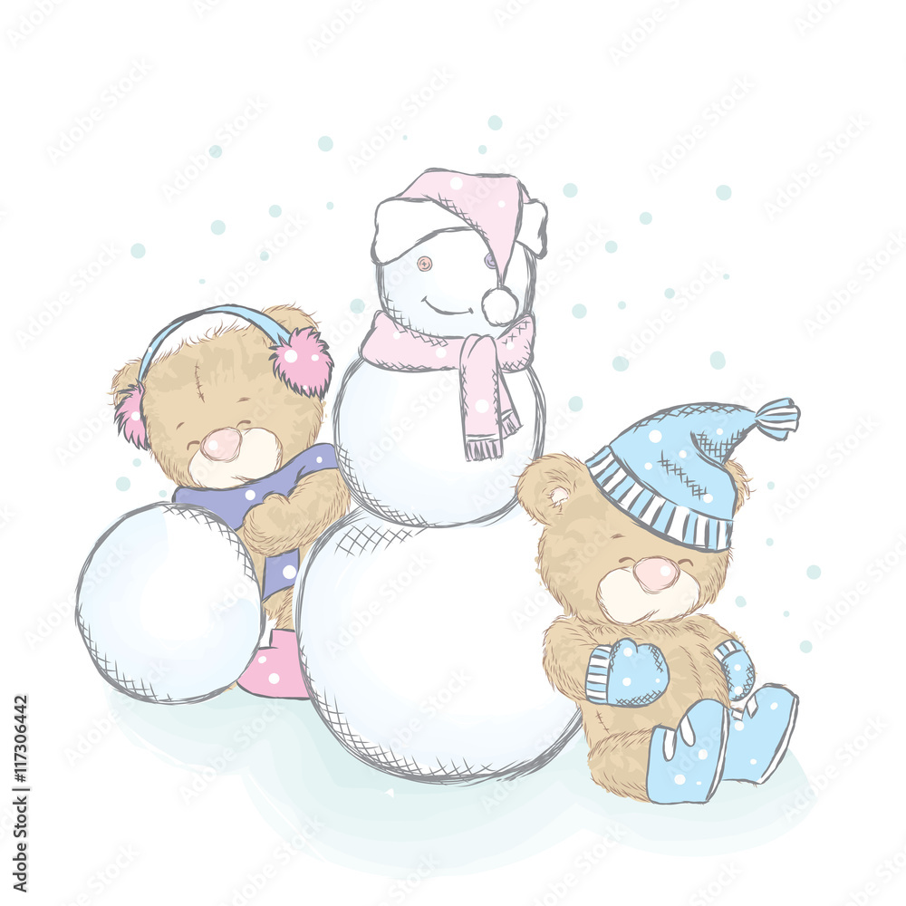 Vector illustration with cubs and a snowman. Drawing for cards, posters or prints on clothes. Cute teddy bears. Vector illustration with cubs and a snowman. Drawing for cards, posters or prints on clothes. Cute teddy bears.