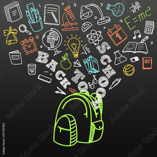 Back to school concept. Falling icons to the school bag
