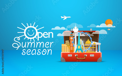 Travel bag vector illustration. Vacation design template. Open s