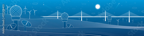 Weather Stations. Mountains landscape. Big bridge on horizon, windmills, wind force, energy and transportation illustration, vector design art