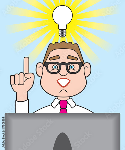Cartoon man at computer has suddenly had a great idea