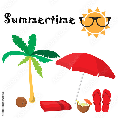 Summertime accessories set. Red umbrella, sun, sunglasses, slippers, towel, palm, coconut, coconut set. Vector illustration