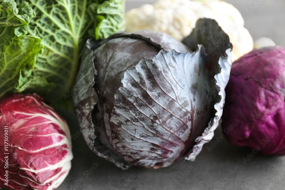 Obraz premium Different kinds of fresh cabbage, closeup