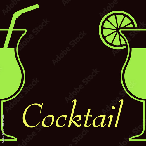 Icono plano texto Cocktail con coctel con pajita sobre fondo negro