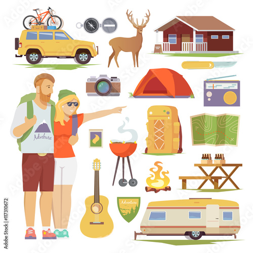 Camping icons vector flat set