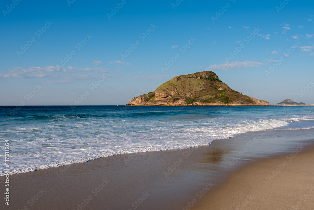Recreio dos Bandeirantes Beach and Pontal Rock in the Ocean in Rio de Janeiro, Brazil
