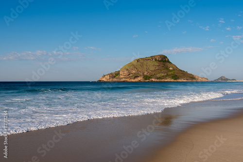 Recreio dos Bandeirantes Beach and Pontal Rock in the Ocean in Rio de Janeiro, Brazil photo