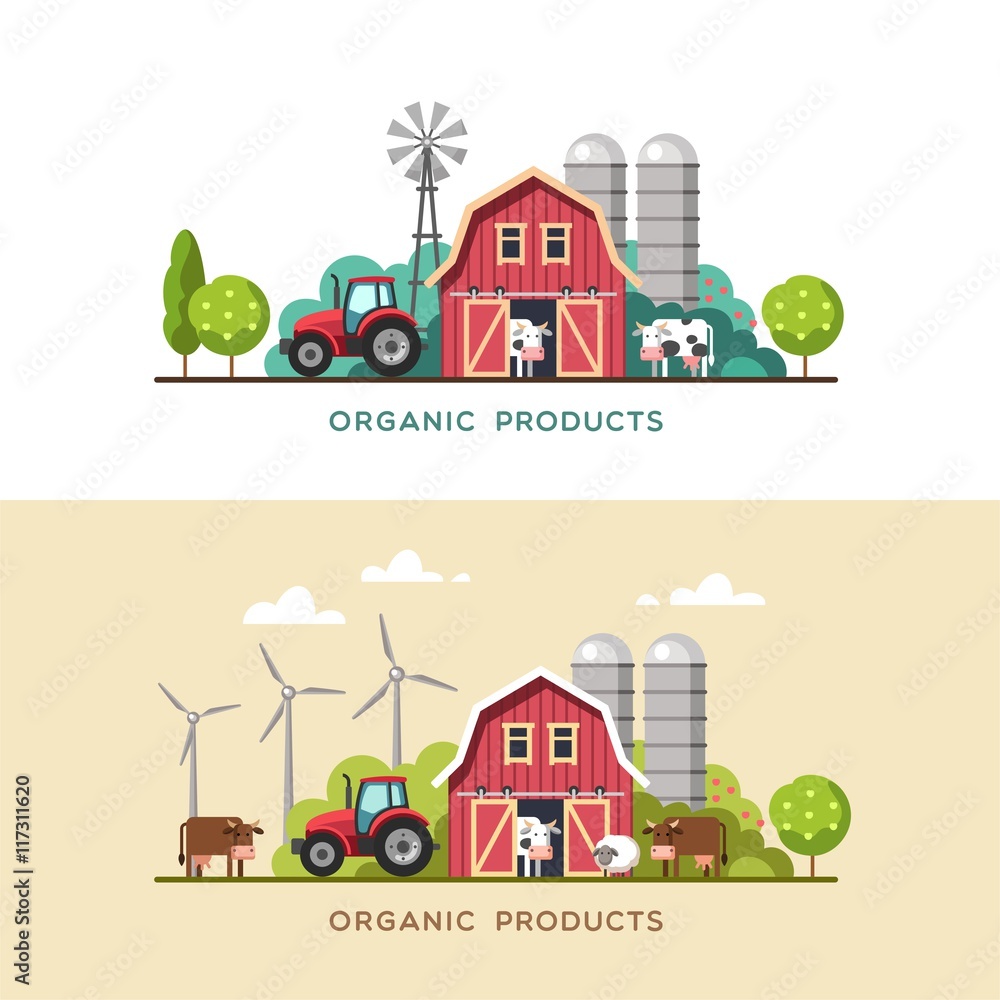 Farming background with barn, windmill, tractor, cows and sheep.  Organic products, farm fresh products concept. Vector illustration in flat style.