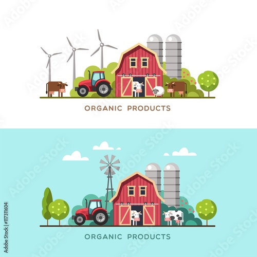 Farming background with barn, windmill, tractor, cows and sheep.  Organic products, farm fresh products concept. Vector illustration in flat style.