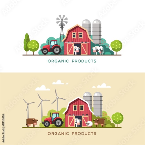 Farming background with barn, windmill, tractor, cows and sheep.  Organic products, farm fresh products concept. Vector illustration in flat style.