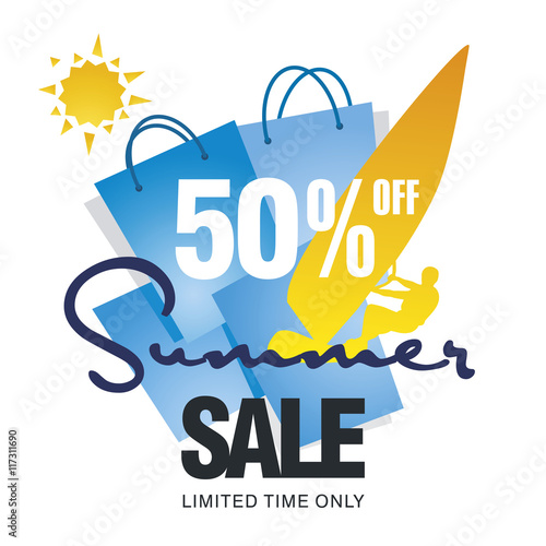 Summer big sale 50 percent off discount offer windsurf board sun card blue background vector