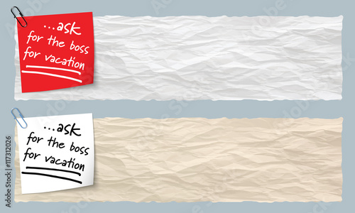 Two banners of crumpled paper with the words ask for the boss fo