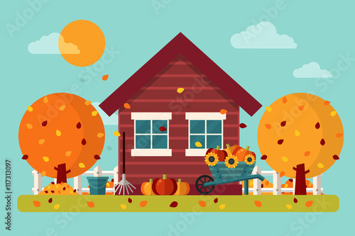 Fototapeta Naklejka Na Ścianę i Meble -  Autumn garden with house, trees, pumpkins, leaves, wooden wheelbarrow, rake, bucket and sunny sky. Flat design style. 
