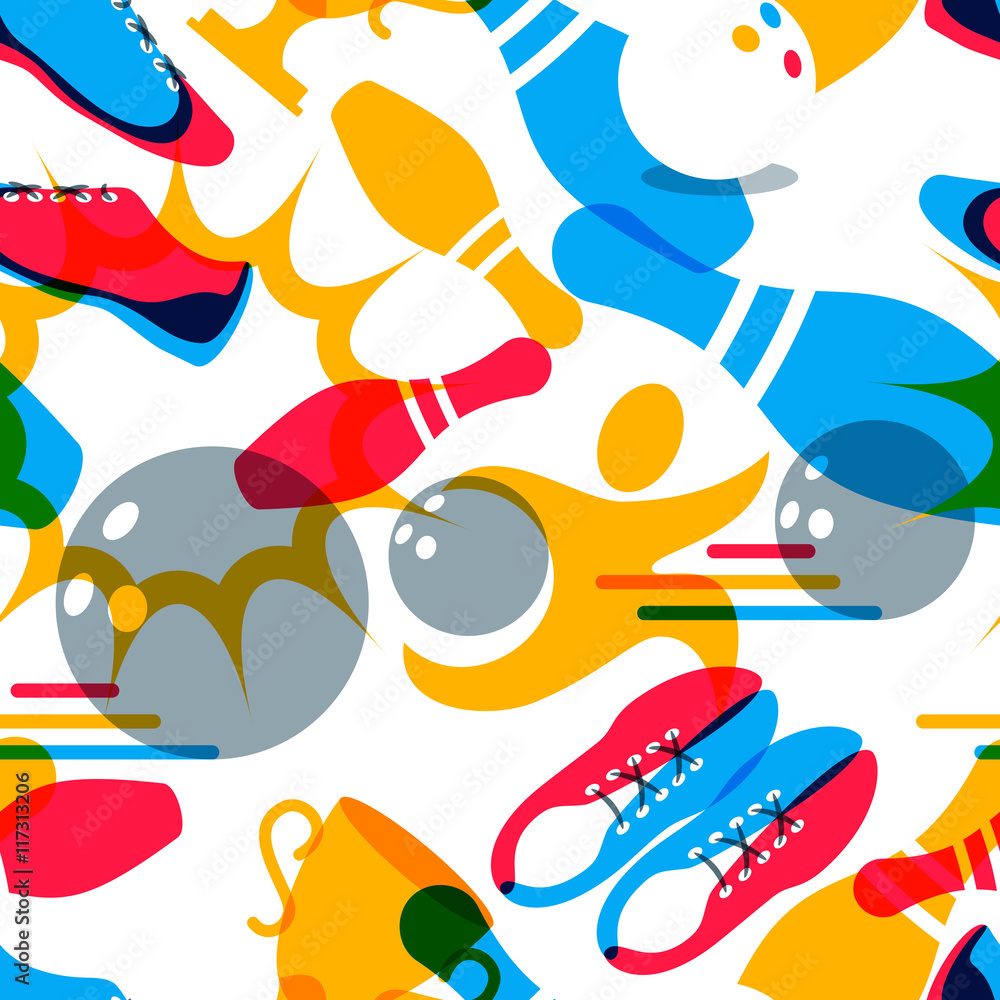 Naklejka premium Vector bowling seamless pattern. Abstract colorful background and design elements. Bowling ball, bowling pins, shoes illustration. Design for fashion textile print, wrapping, web background.