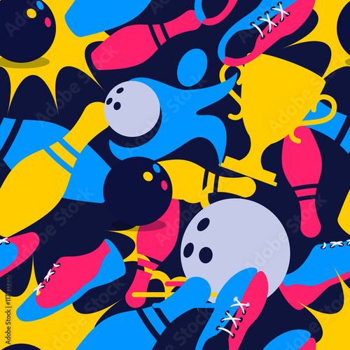 Vector bowling seamless pattern. Abstract bowling illustration. Bowling ball, bowling pins, shoes multicolor symbols on black background. Design for fashion textile print, wrapping, web background.