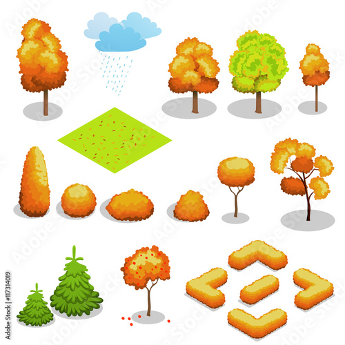 Isometric vector autumn tree set. Landscape constructor kit. Different trees for make design.