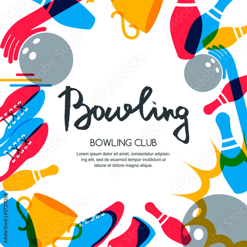 Vector bowling square banner, poster or flyer design template. Frame background with bowling ball, pins, shoes and hand drawn calligraphy lettering. Abstract illustration of bowling game.