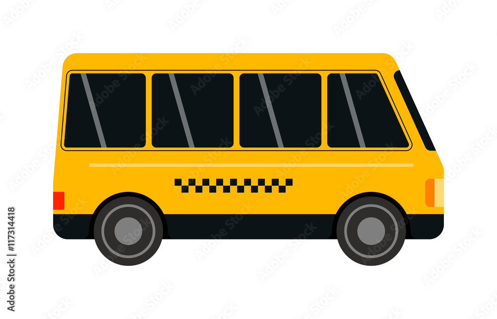 Taxi yellow bus car isolated on white background. Vector yellow taxi bus van and cab transport traffic urban yellow taxi. Road street service yellow taxi bus car isolated, Van truck taxi bus